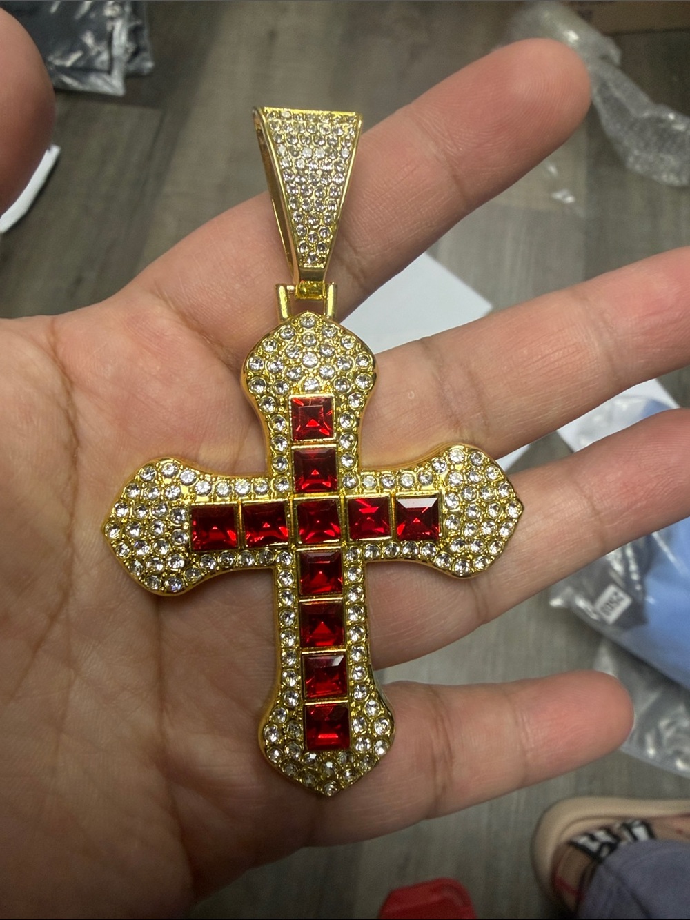 Gold-Tone Cross Pendant Necklace with Red Crystal Accents